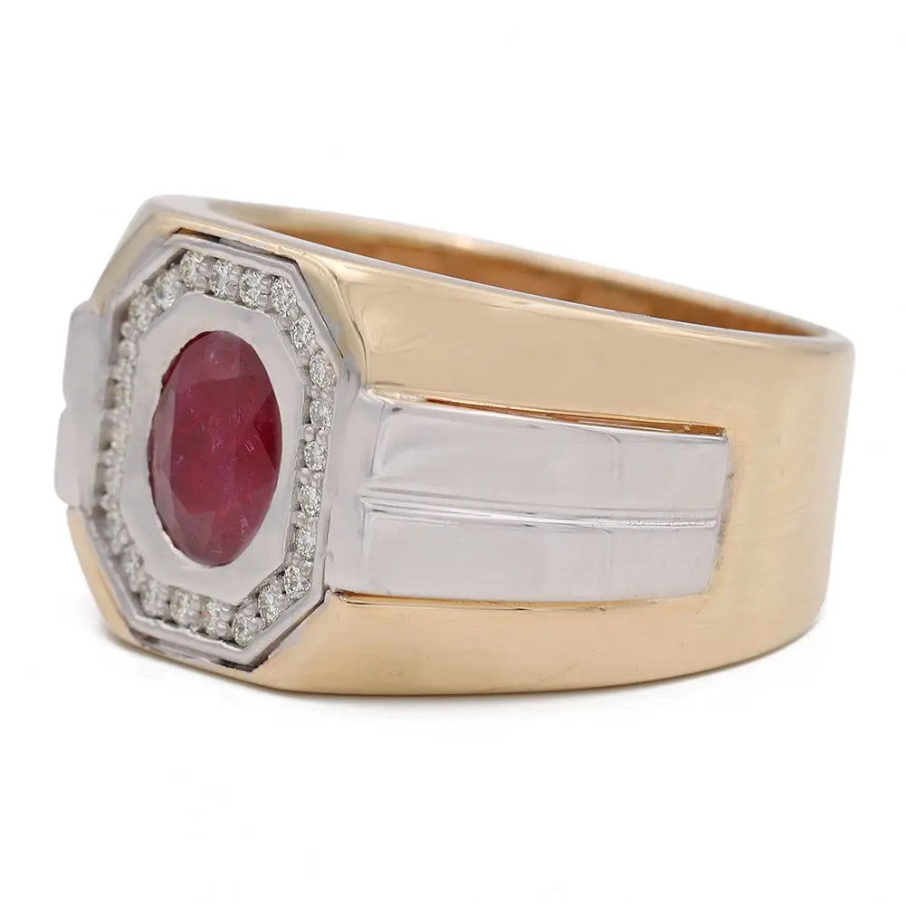 Discover the elegance of the Two Tone white and Yellow Gold Fashion Ring With Diamond and Ruby from Miral Jewelry. This two-tone gold ring features a rectangular band with a central red gemstone, beautifully surrounded by small diamonds.