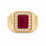10k Yellow Gold Modern Diamond With 0.65Tw Round Diamond And Emerald Cut Ruby Ring Men's