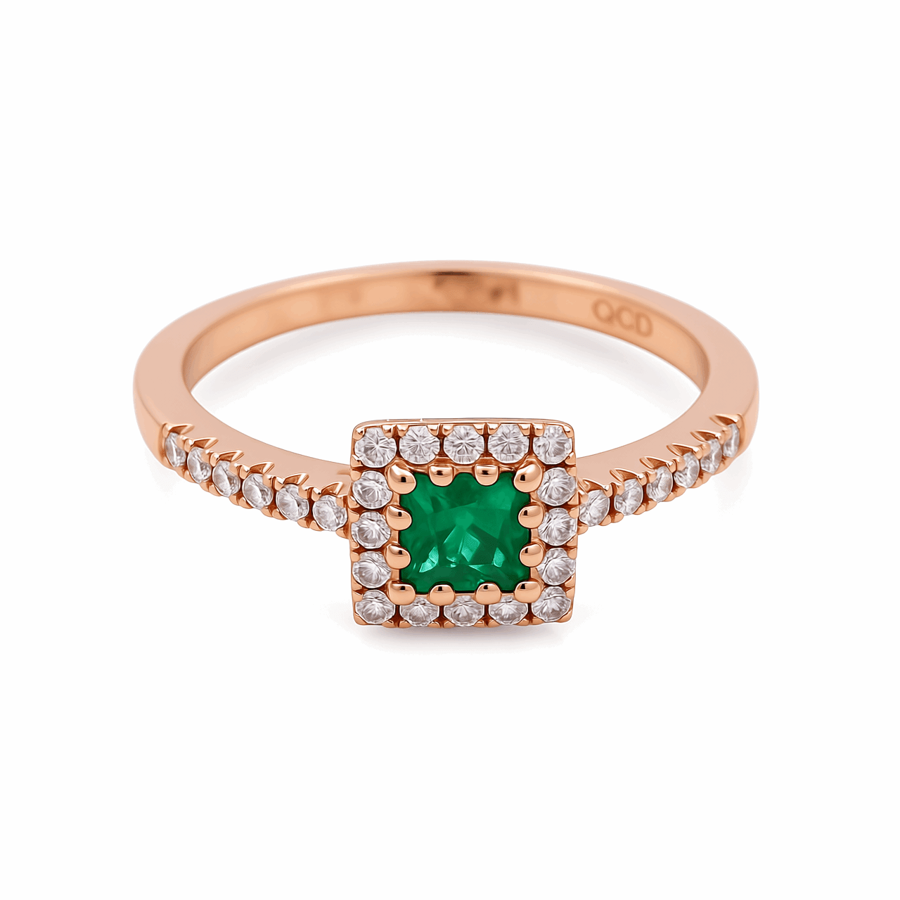 14K Rose Gold Square Emerald & Diamond Halo Ring