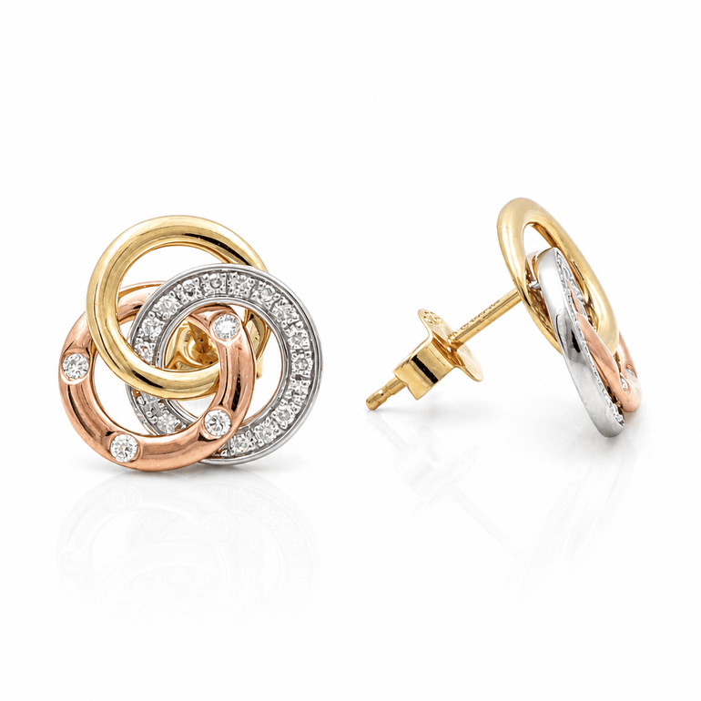 14K Tri Color Gold Button Diamond Earrings with 0.23Tw Round Diamonds - Miral Jewelry