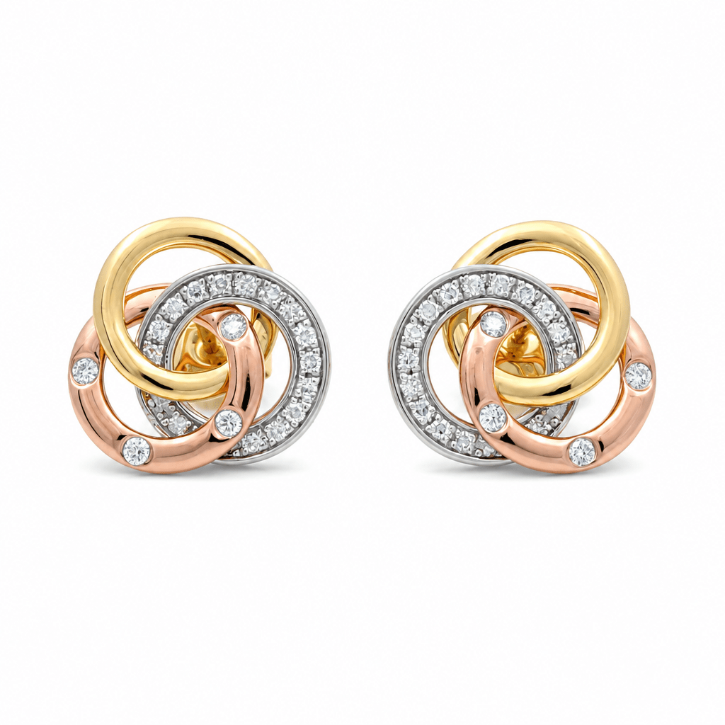 14K Tri Color Gold Button Diamond Earrings with 0.23Tw Round Diamonds - Miral Jewelry