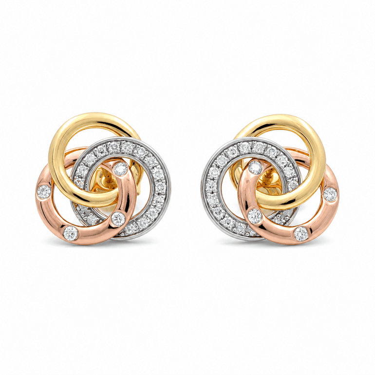 14K Tri Color Gold Button Diamond Earrings with 0.23Tw Round Diamonds - Miral Jewelry