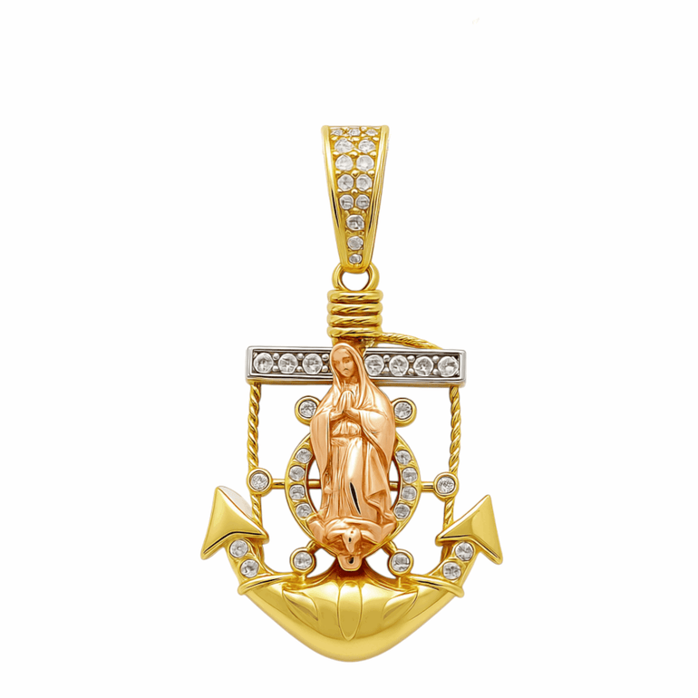 14K Two Tone Rose/Yellow Gold Anchor with Guadalupe Unisex Pendant - Miral Jewelry