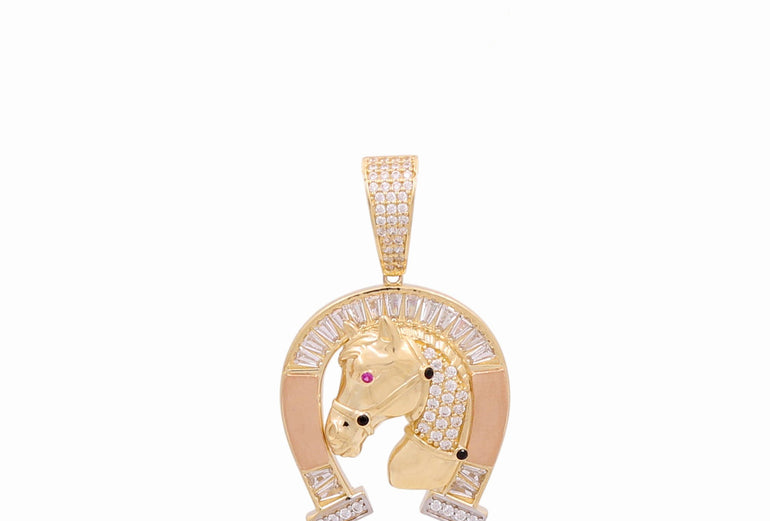 14K Two Tone Rose/Yellow Gold Horse with Cz Pendant - Miral Jewelry