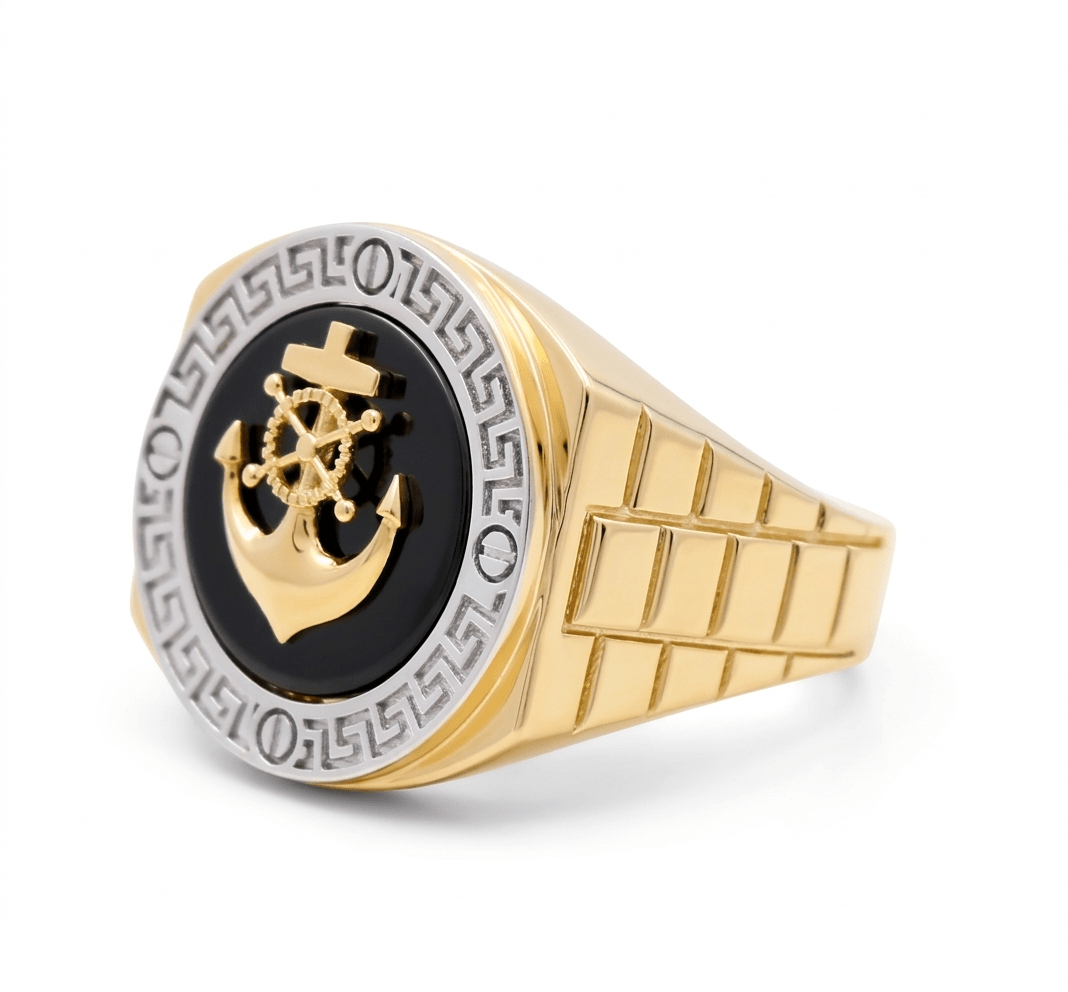 14K Two-Tone Gold Men's Anchor Onyx Ring with Greek Key 8.5 g – view 2