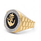 14k Two Tone White/Yellow Gold Anchor with Onyx Fashion Men's Ring - Miral Jewelry