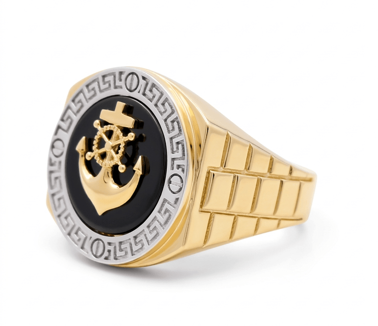 14k Two Tone White/Yellow Gold Anchor with Onyx Fashion Men's Ring - Miral Jewelry