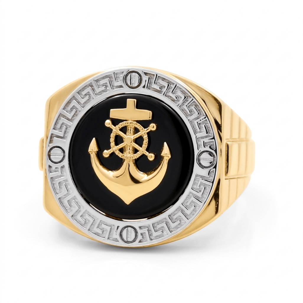 14K Two-Tone Gold Men's Anchor Onyx Ring with Greek Key 8.5 g