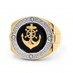 14k Two Tone White/Yellow Gold Anchor with Onyx Fashion Men's Ring - Miral Jewelry