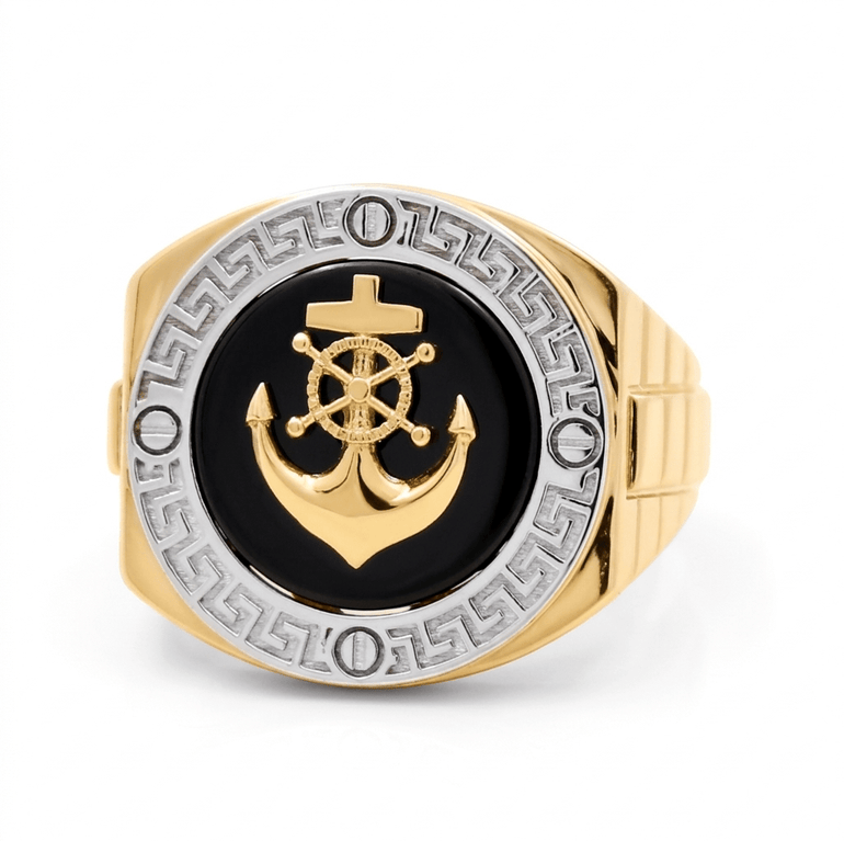 14k Two Tone White/Yellow Gold Anchor with Onyx Fashion Men's Ring - Miral Jewelry
