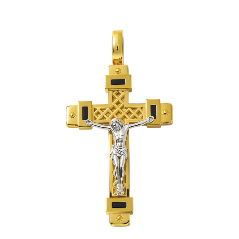 14K Two Tone White/Yellow Gold Crucifix Men's Pendant - Miral Jewelry
