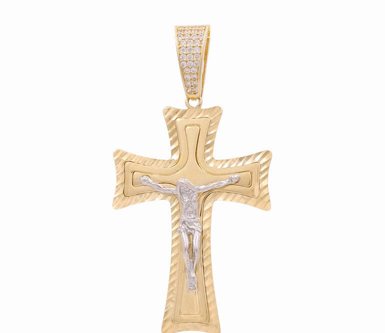 14K Two Tone White/Yellow Gold Crucifix Pendant - Miral Jewelry