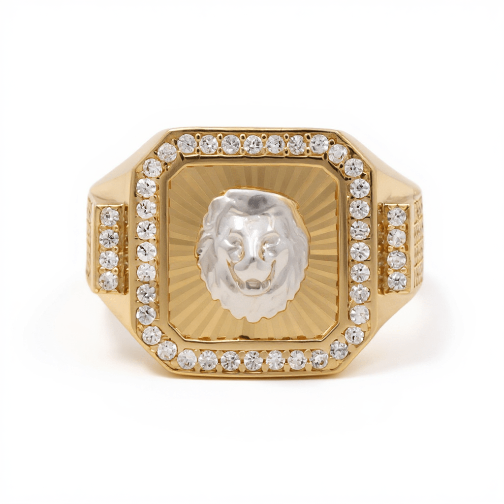 14K Two-Tone Gold Men's Lion Ring with CZ 6.4 g