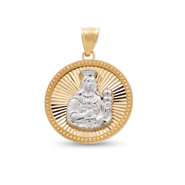 14K Two Tone White/Yellow Gold Diamond Cut Santa Barbara Medal Pendant - Miral Jewelry