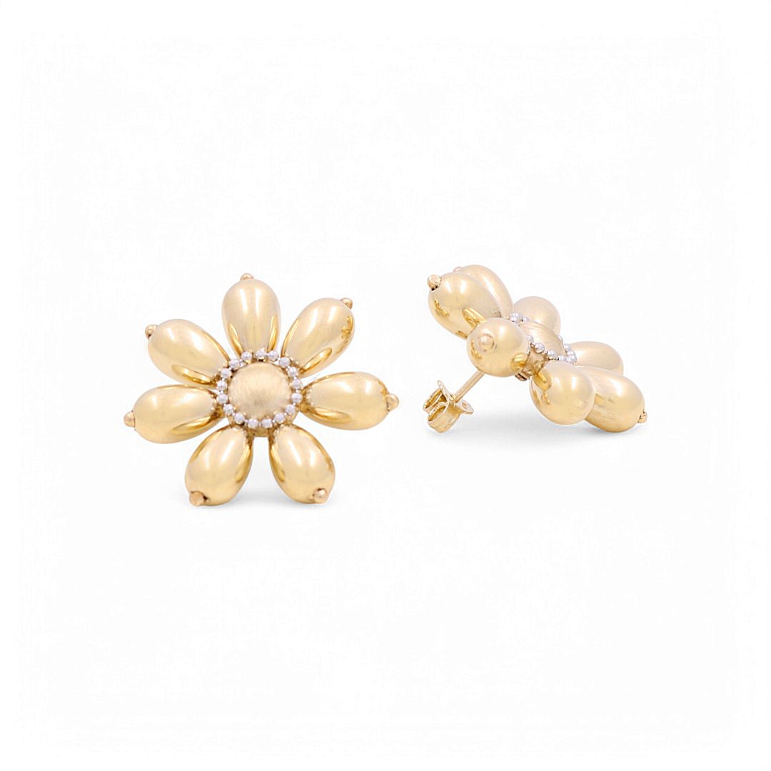 14K Two Tone White/Yellow Gold Flower Earrings - Miral Jewelry