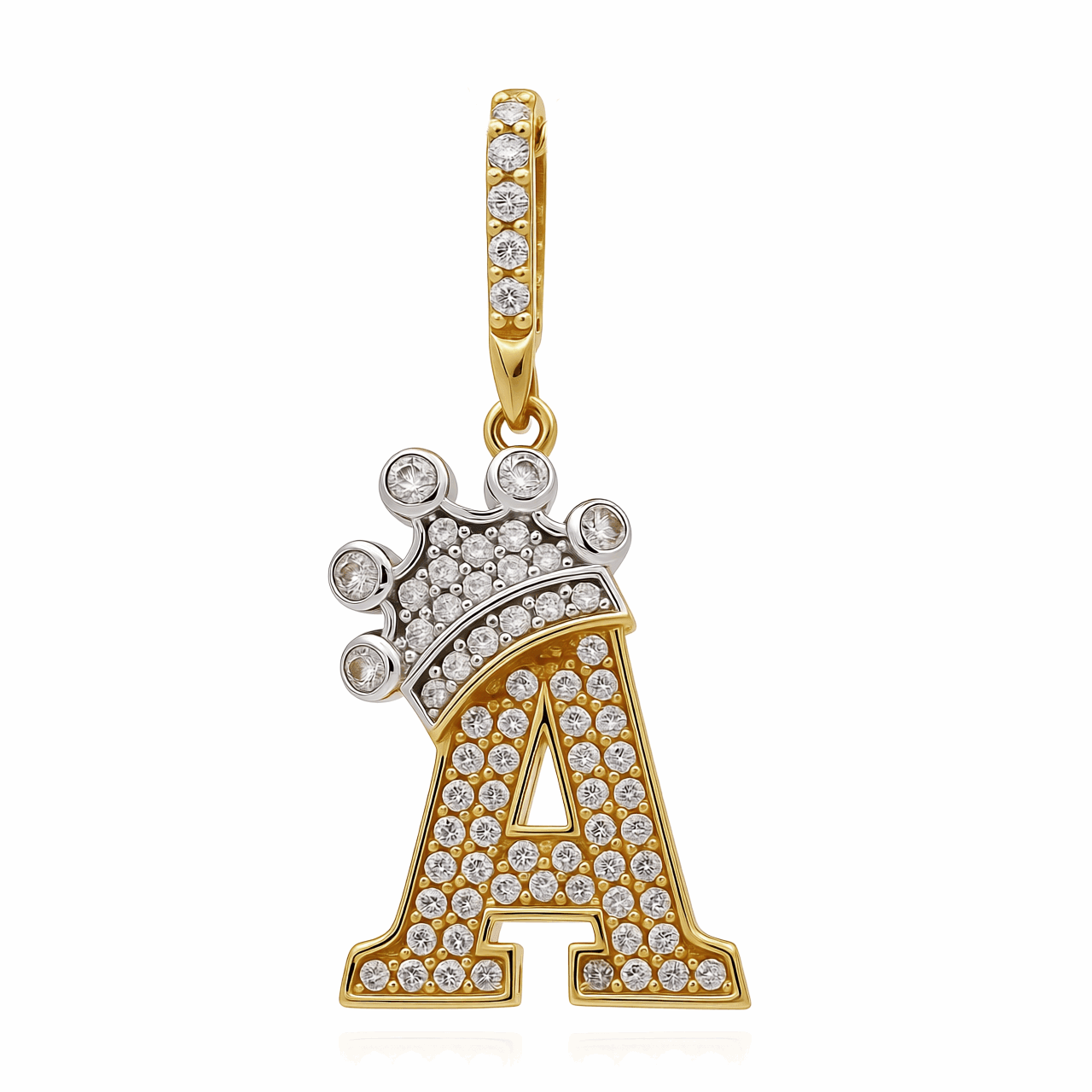 14K Two Tone White/Yellow Gold Initial A with Crown and Cz Pendant - Miral Jewelry
