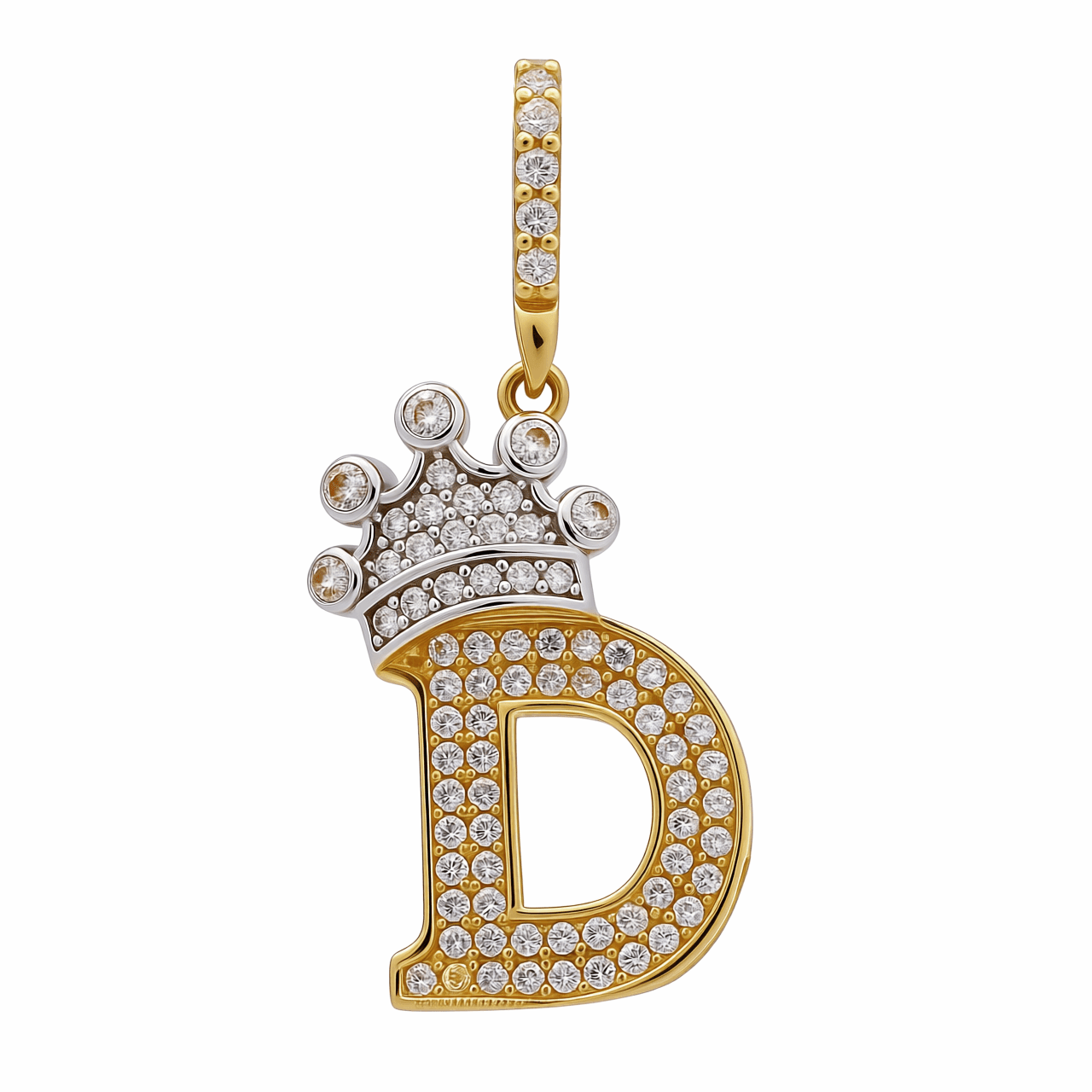 14K Two Tone White/Yellow Gold Initial D with Crown and Cz Pendant - Miral Jewelry