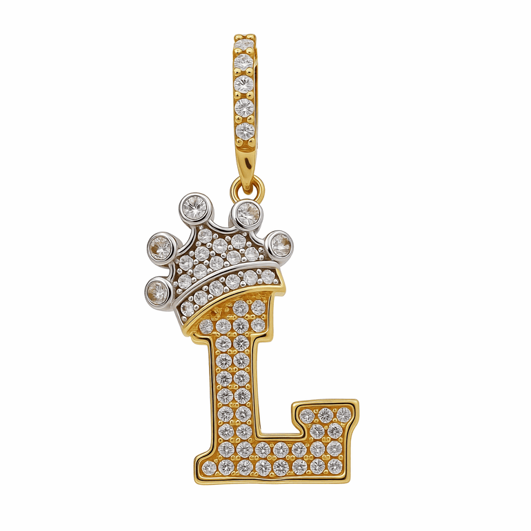 14K Two Tone White/Yellow Gold Initial L with Crown and CZ Pendant - Miral Jewelry