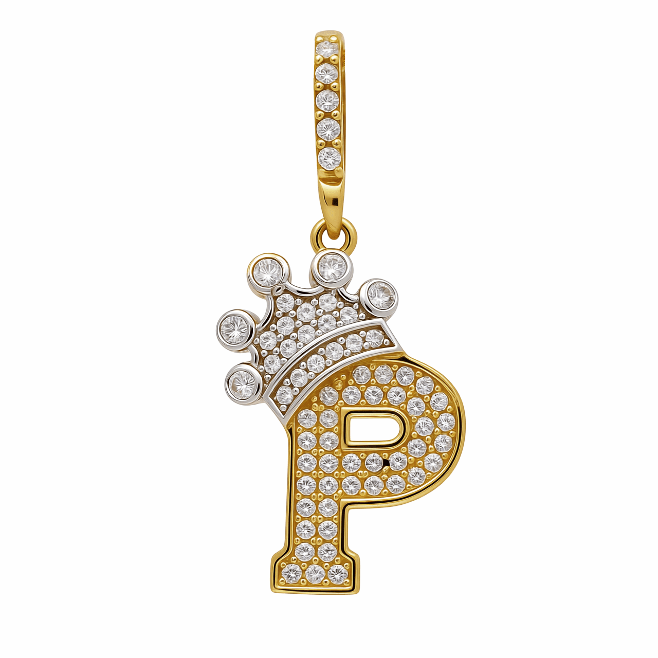 14K Two Tone White/Yellow Gold Initial P with Crown and Cz Pendant - Miral Jewelry