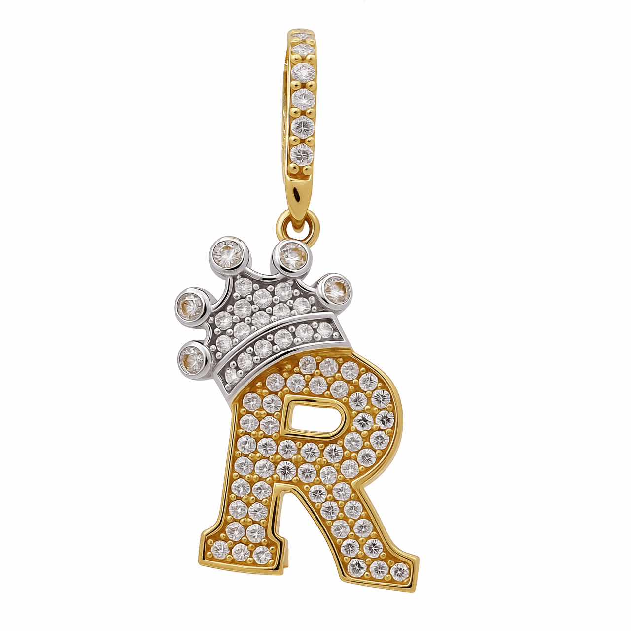 14K Two Tone White/Yellow Gold Initial R with Crown and Cz Pendant - Miral Jewelry