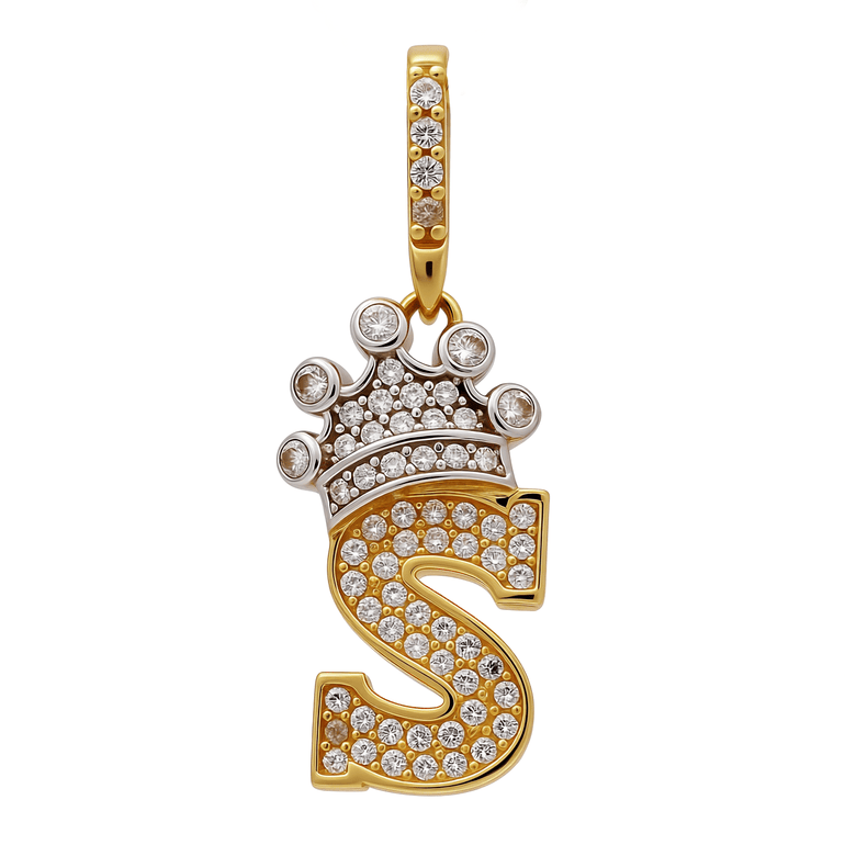 14K Two Tone White/Yellow Gold Initial S with Crown and Cz Pendant - Miral Jewelry