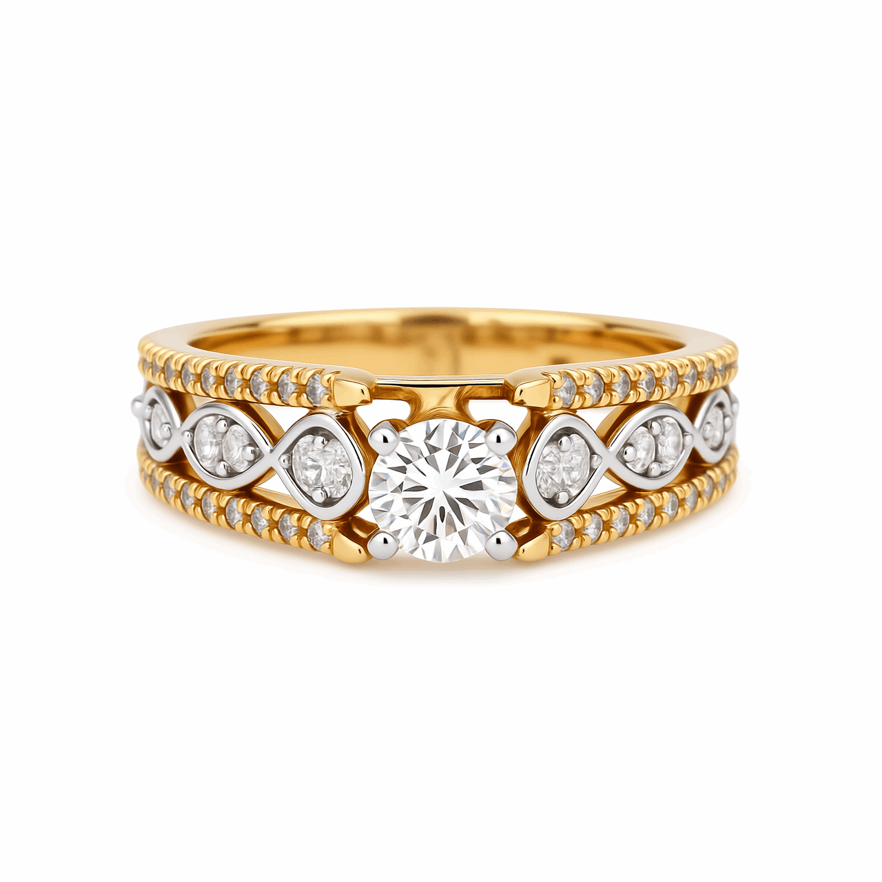 14K Two Tone White/Yellow Gold Modern Diamond Engagement Ring with 0.85Tw Round Diamonds - Miral Jewelry