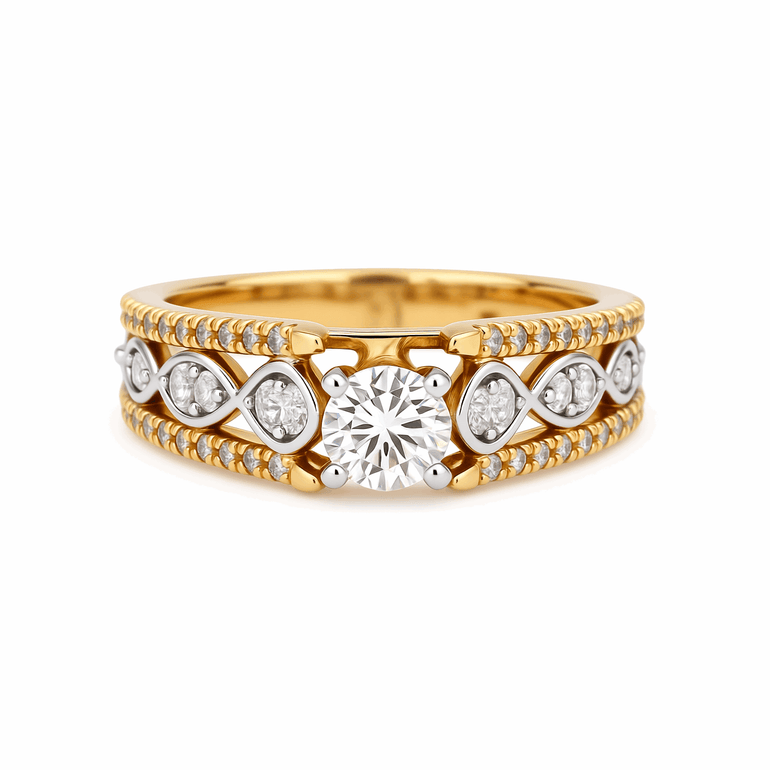 14K Two Tone White/Yellow Gold Modern Diamond Engagement Ring with 0.85Tw Round Diamonds - Miral Jewelry