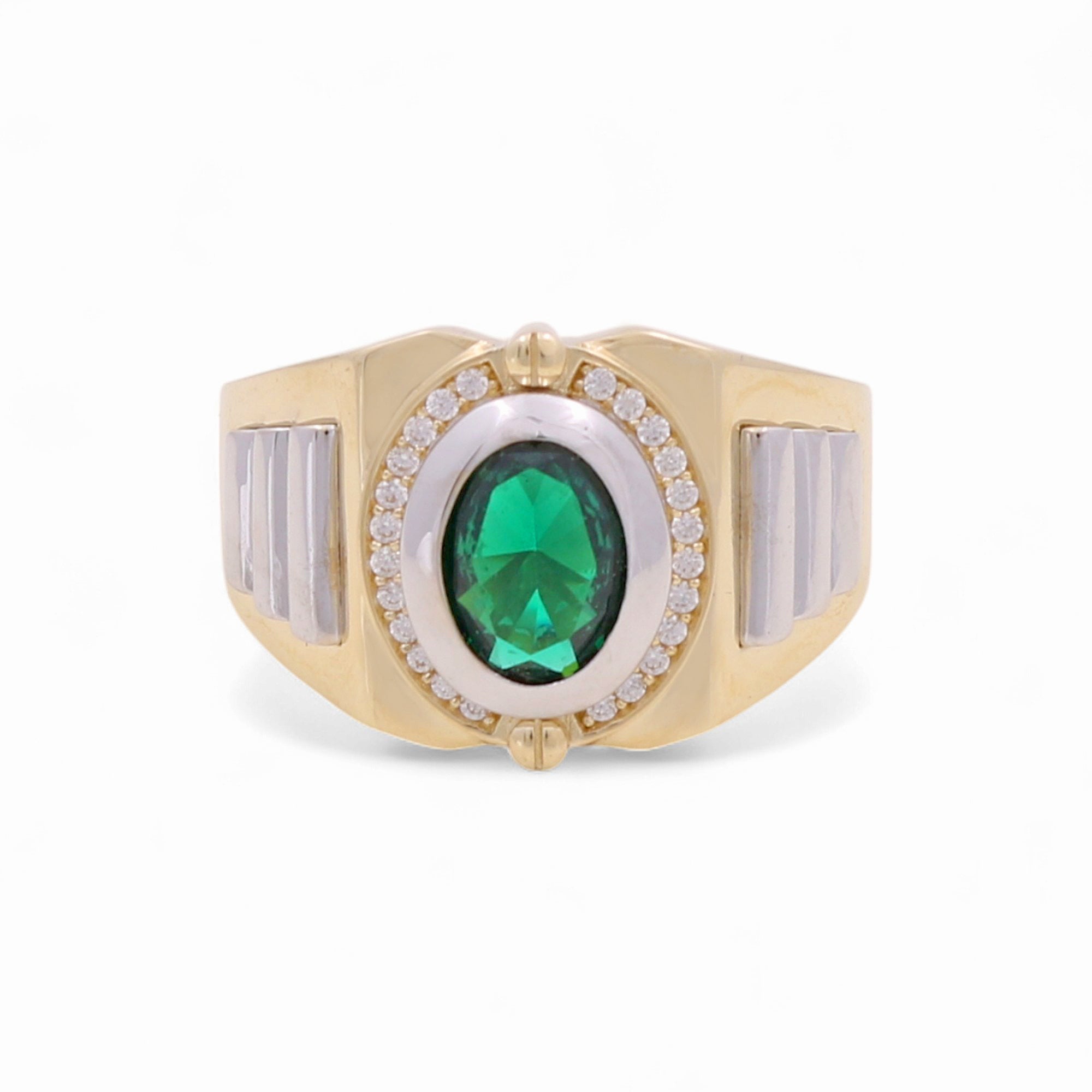 14k Two Tone White/Yellow Gold Oval Green Fashion Ring - Miral Jewelry