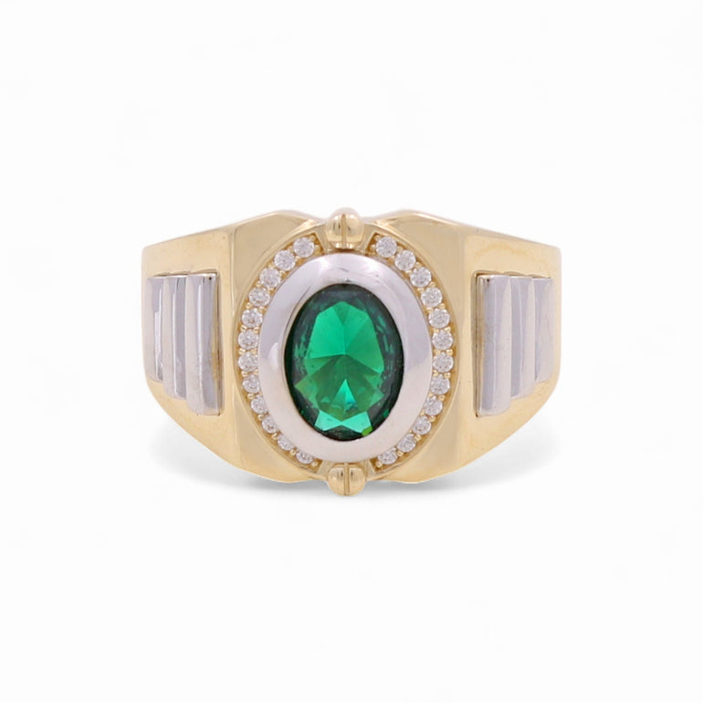 14k Two Tone White/Yellow Gold Oval Green Fashion Ring - Miral Jewelry