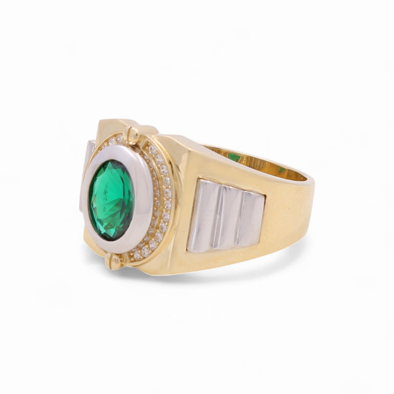 14k Two Tone White/Yellow Gold Oval Green Fashion Ring - Miral Jewelry