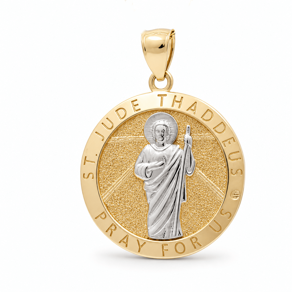 14K Two Tone White/Yellow Gold San Judas Medal Pendant - Miral Jewelry