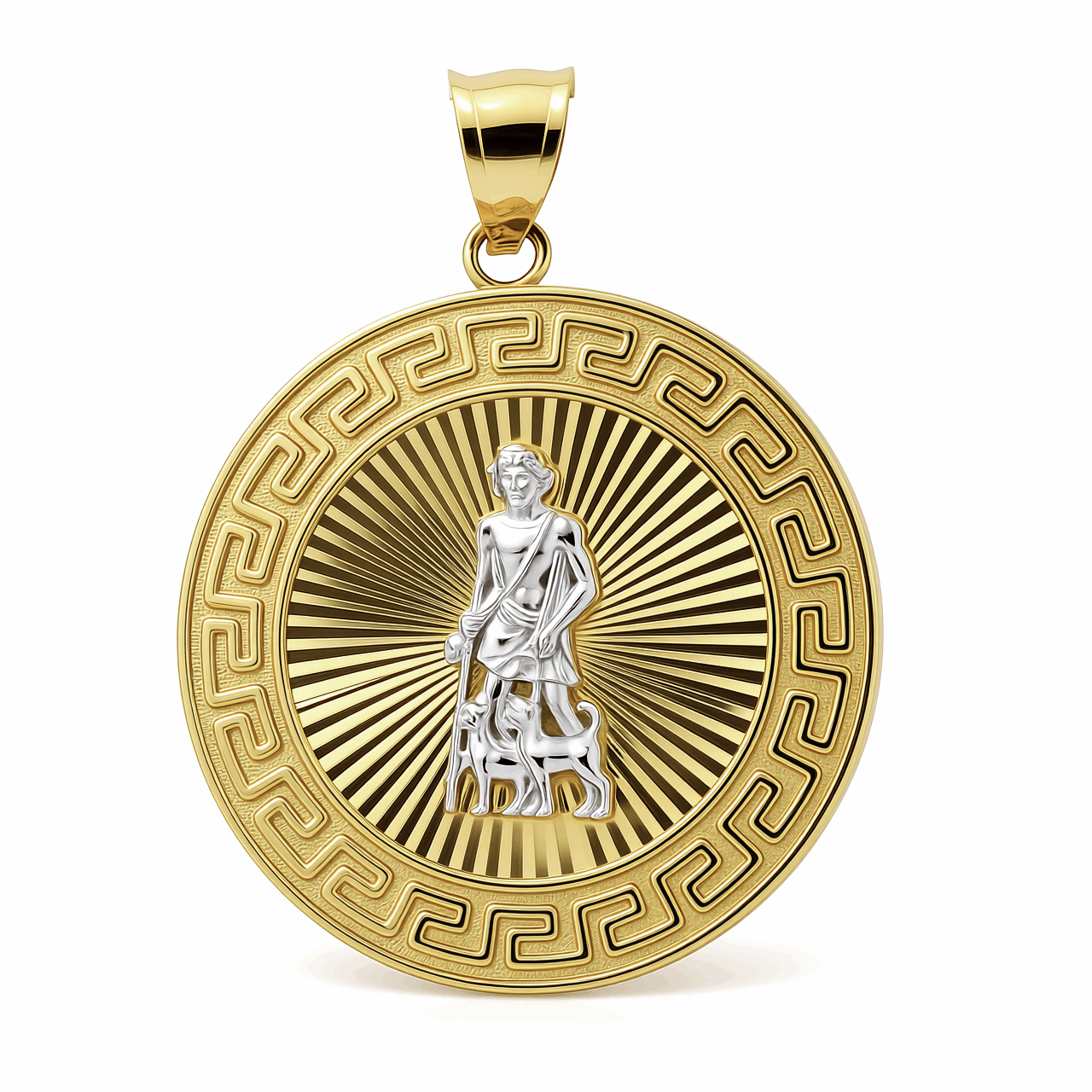 14K Two-Tone Gold San Lázaro Greek Key Medal Pendant 7 g