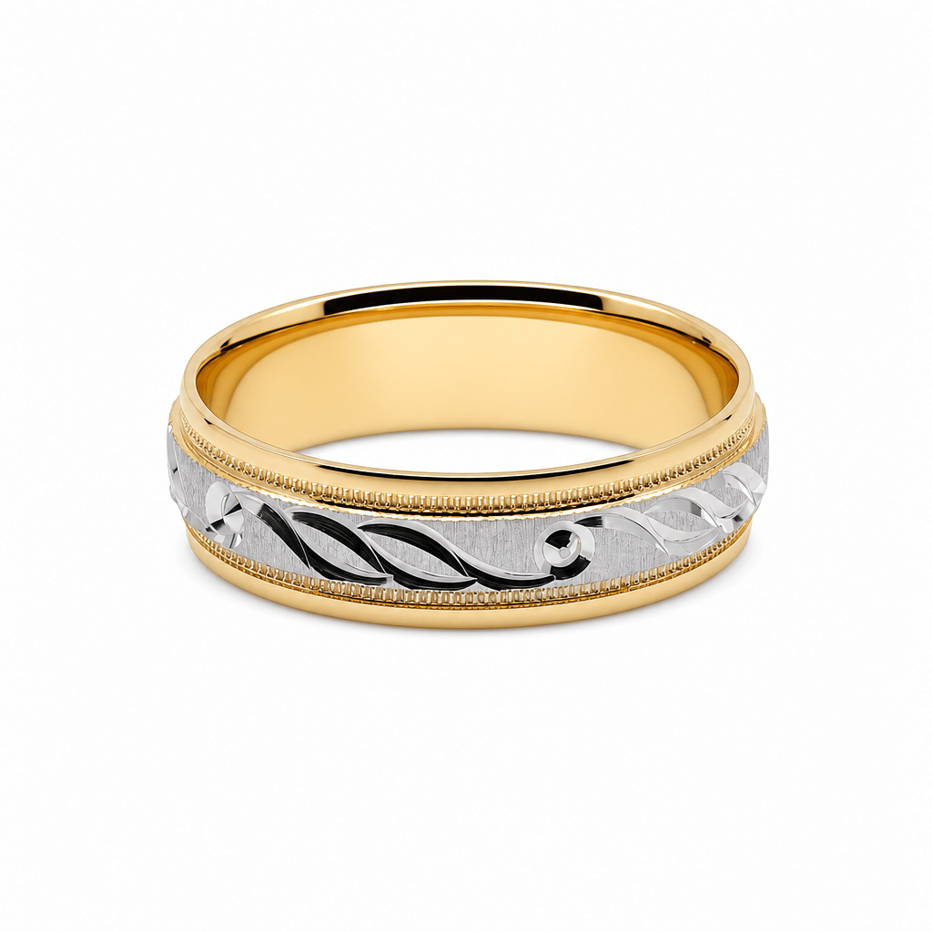 14K Two Tone White/Yellow Gold Satin Wedding Band - Miral Jewelry