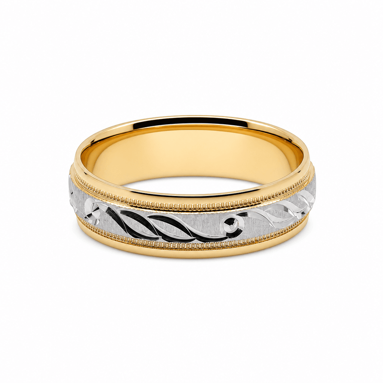 14K Two Tone White/Yellow Gold Satin Wedding Band - Miral Jewelry