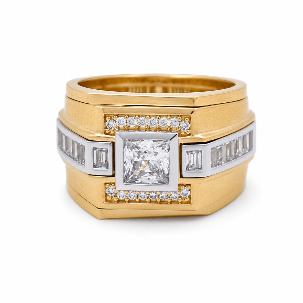 14k Two Tone White/Yellow Gold Square Cz Fashion Men's Ring - Miral Jewelry