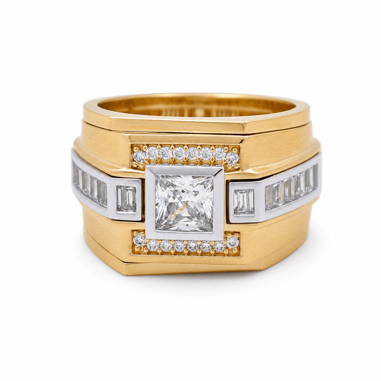 14k Two Tone White/Yellow Gold Square Cz Fashion Men's Ring - Miral Jewelry