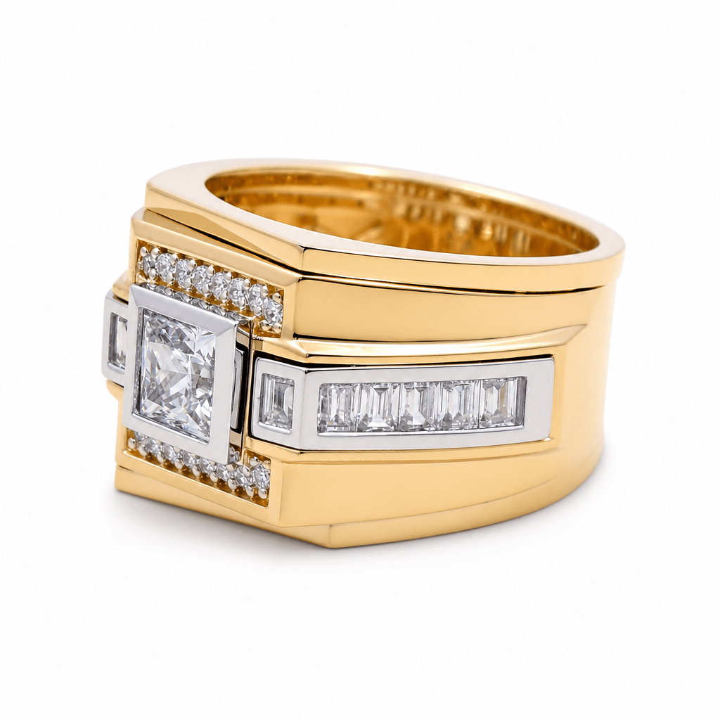 14k Two Tone White/Yellow Gold Square Cz Fashion Men's Ring - Miral Jewelry