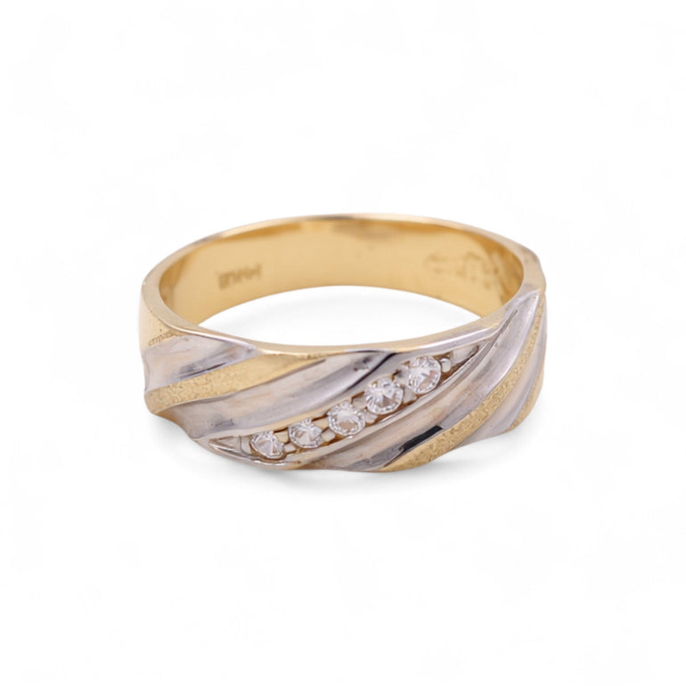 14K Two Tone White/Yellow Gold Wedding Band with CZ Ring - Miral Jewelry
