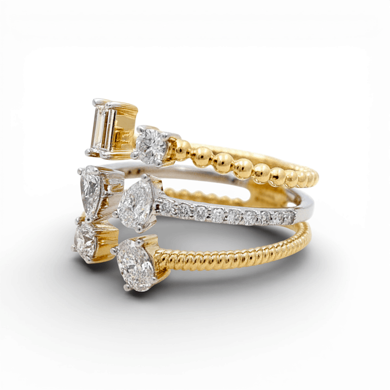 14K Two Tone White/Yellow Modern Diamond Fashion Ring with 0.20Tw Baguette Diamonds , 046 Tw Round Diamonds and 0.62Tw Round Diamonds - Miral Jewelry