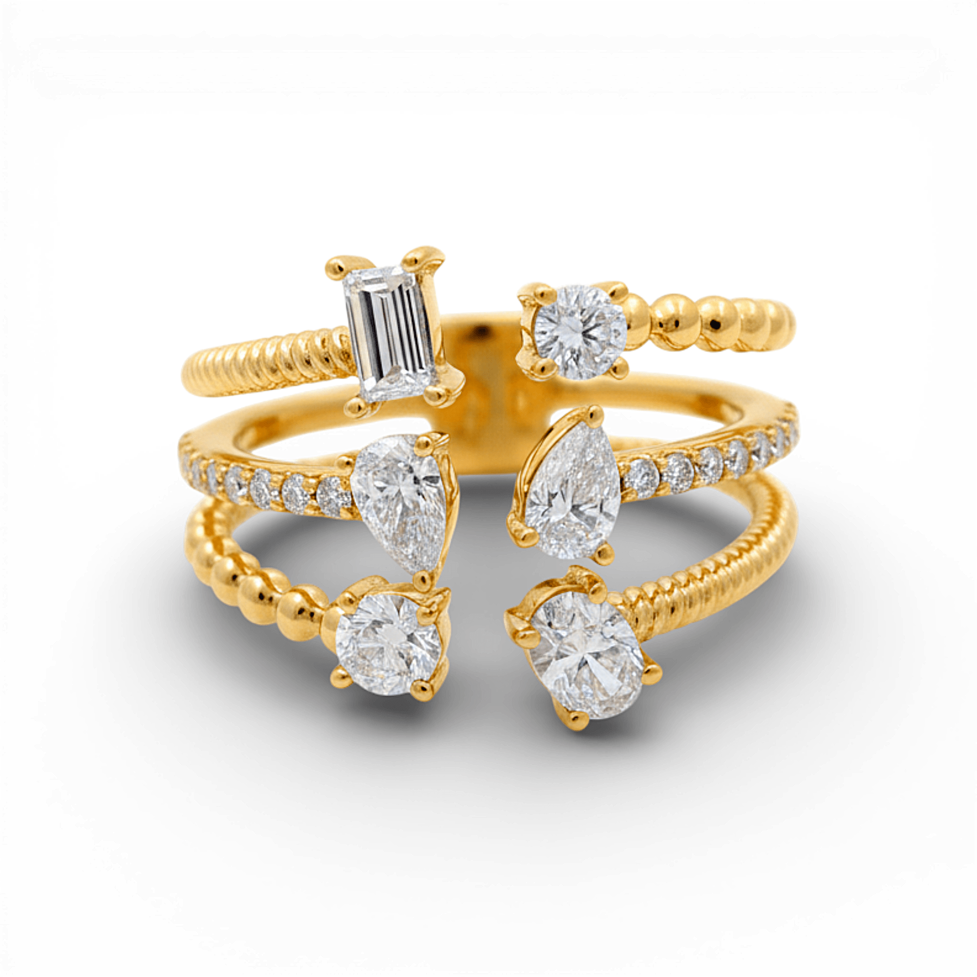 14K Two Tone White/Yellow Modern Diamond Fashion Ring with 0.20Tw Baguette Diamonds , 046 Tw Round Diamonds and 0.62Tw Round Diamonds - Miral Jewelry