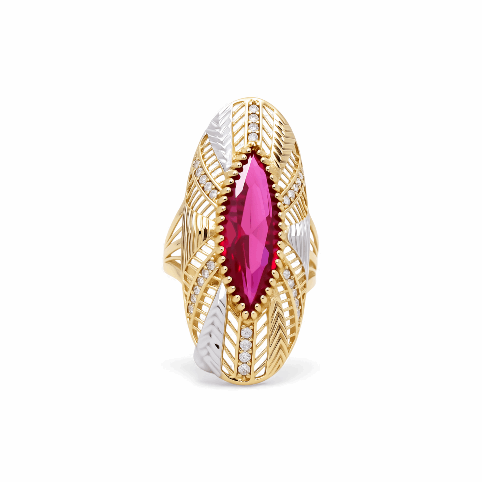 14K Two Tone White/Yellow Red Marquise Fashion Women's Ring - Miral Jewelry
