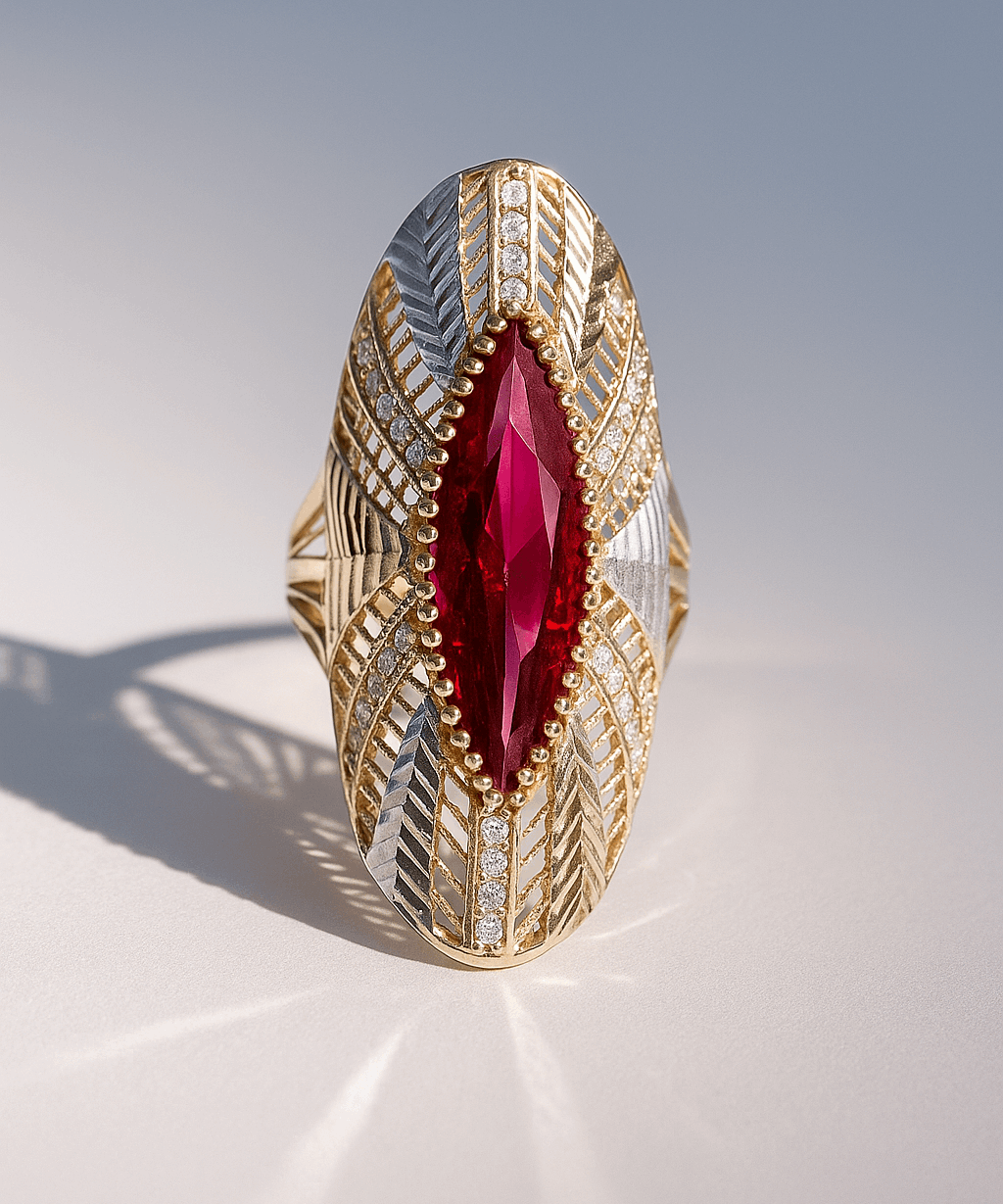 14K Two Tone White/Yellow Red Marquise Fashion Women's Ring - Miral Jewelry