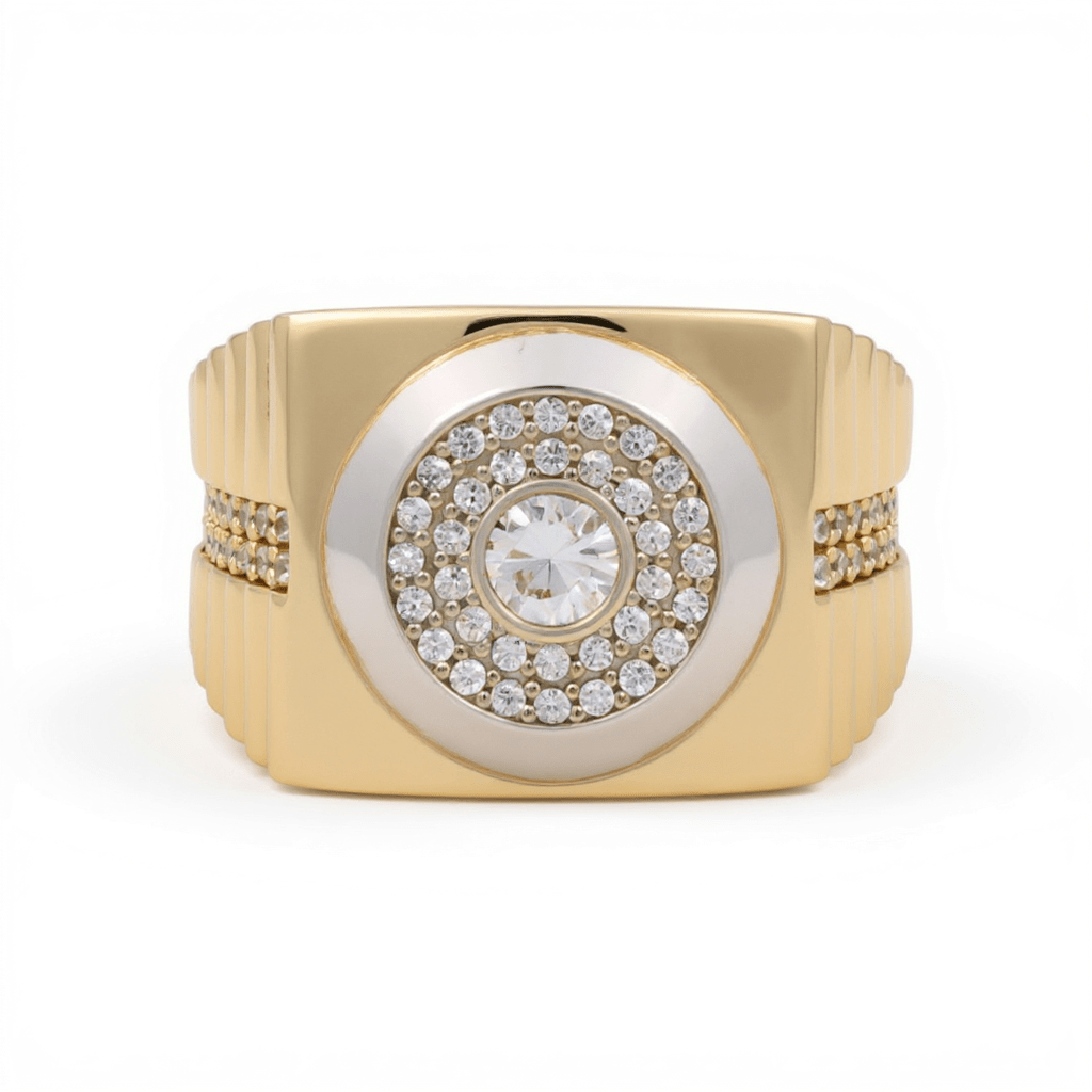 14k Two Tone White/Yellow Round Wit CZ Fashion Ring Men's - Miral Jewelry