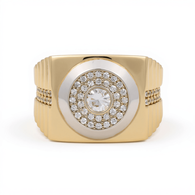 14k Two Tone White/Yellow Round Wit CZ Fashion Ring Men's - Miral Jewelry