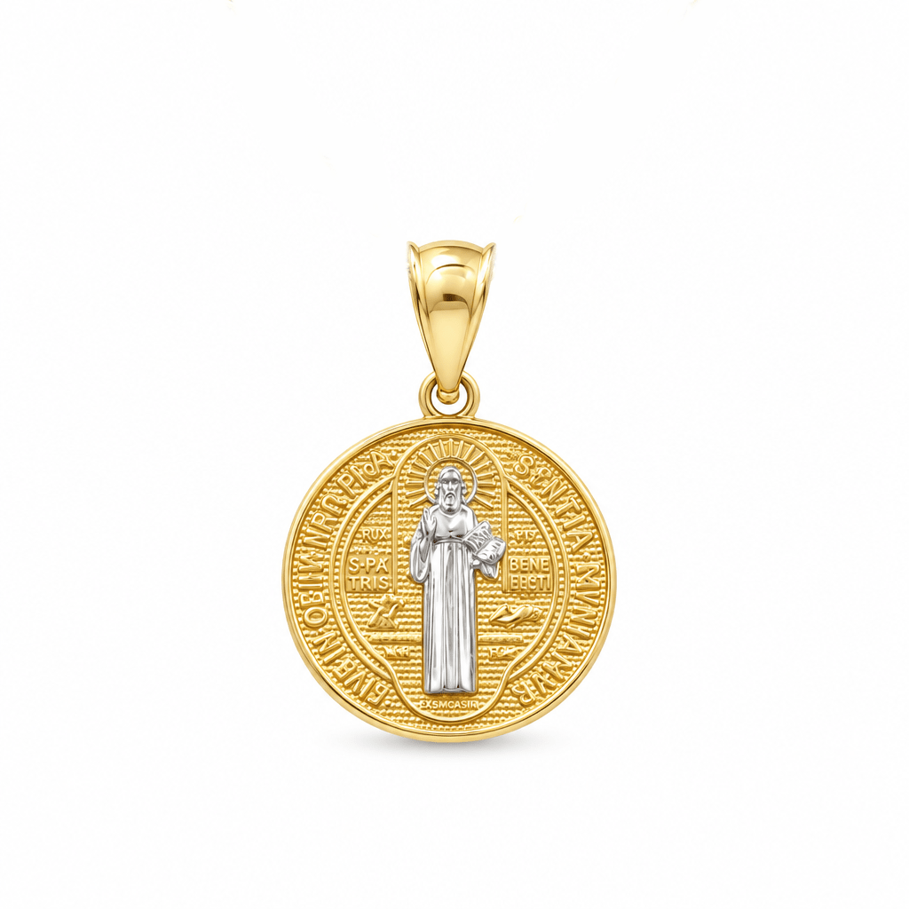 14K Two Tone White/Yellow San Benedict Medal Pendant - Miral Jewelry