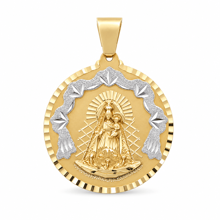 14K Two Tone White/Yellow Satin Caridad Del Cobre Medal Pendant - Miral Jewelry