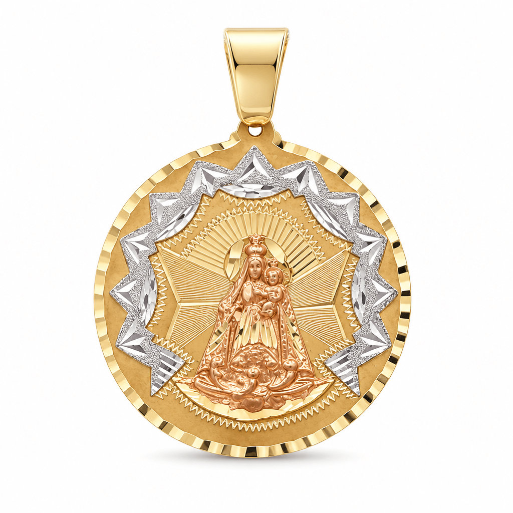 14K Two Tone White/Yellow Satin Caridad Del Cobre Medal Pendant - Miral Jewelry