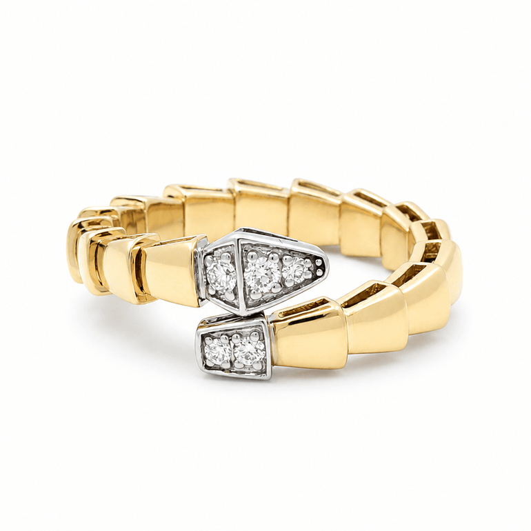14K Two Tone White/Yellow Snake Diamond Fashion Ring with 0.12Tw Round Diamonds - Miral Jewelry