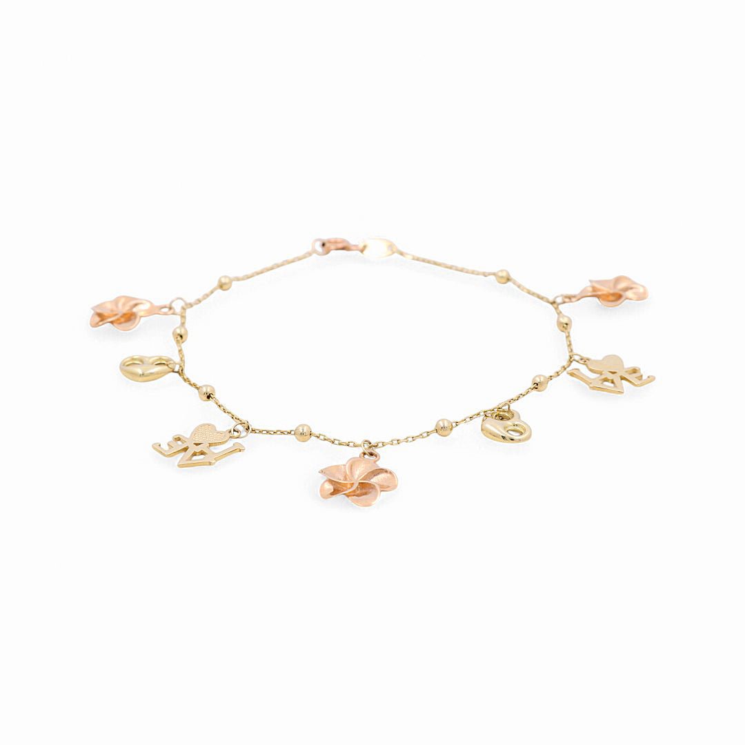 14K Two Tone Yellow/Rose Gold Charms Women's Bracelet - Miral Jewelry