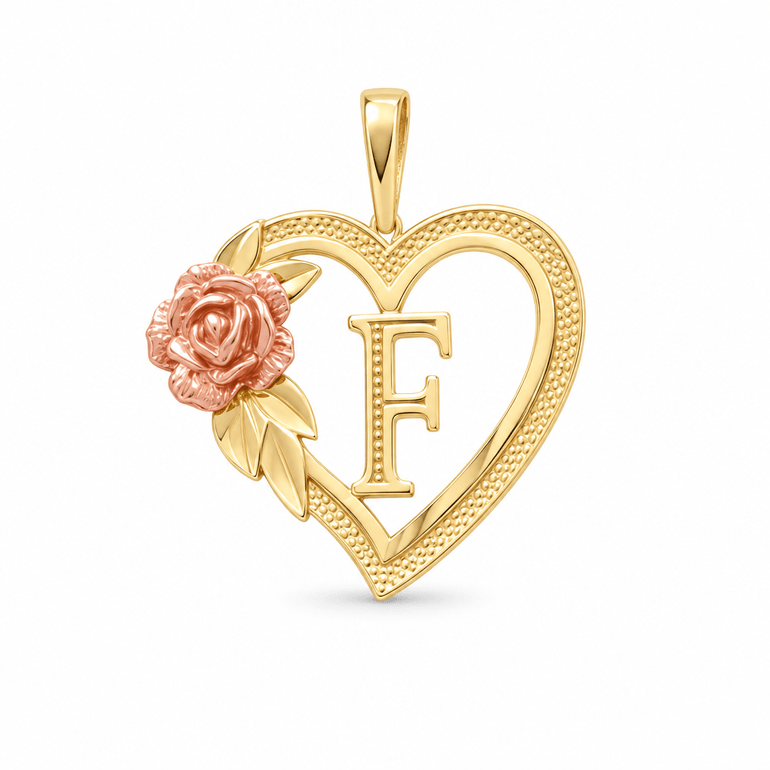 14K Two Tone Yellow/Rose Heart Inicial F Pendant - Miral Jewelry